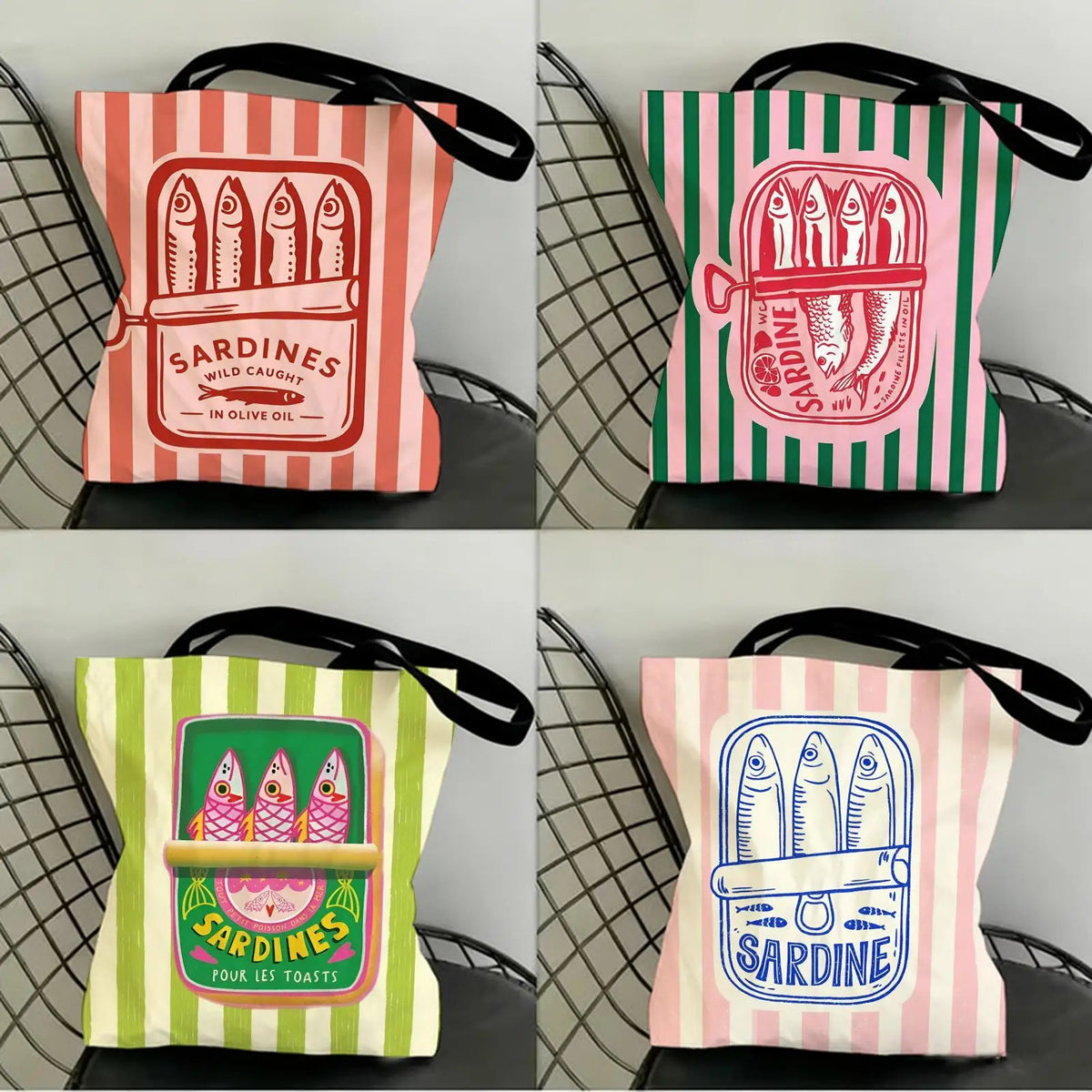 A set of four canvas tote bags featuring various designs and colors with sardine themes.