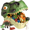 A green dinosaur figurine set with teeth and claws is displayed inside a light yellow storage box.