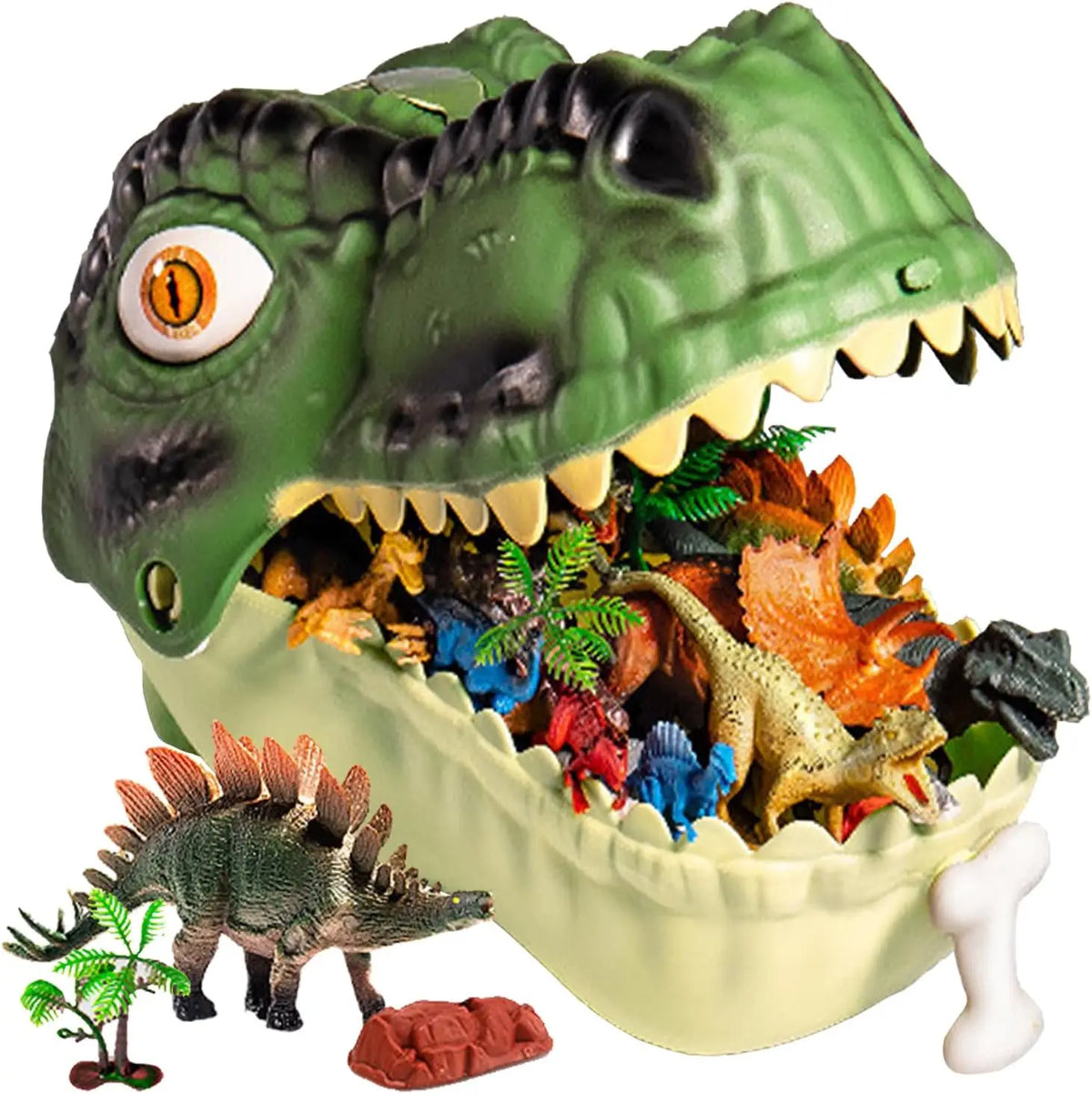 A green dinosaur figurine set with teeth and claws is displayed inside a light yellow storage box.
