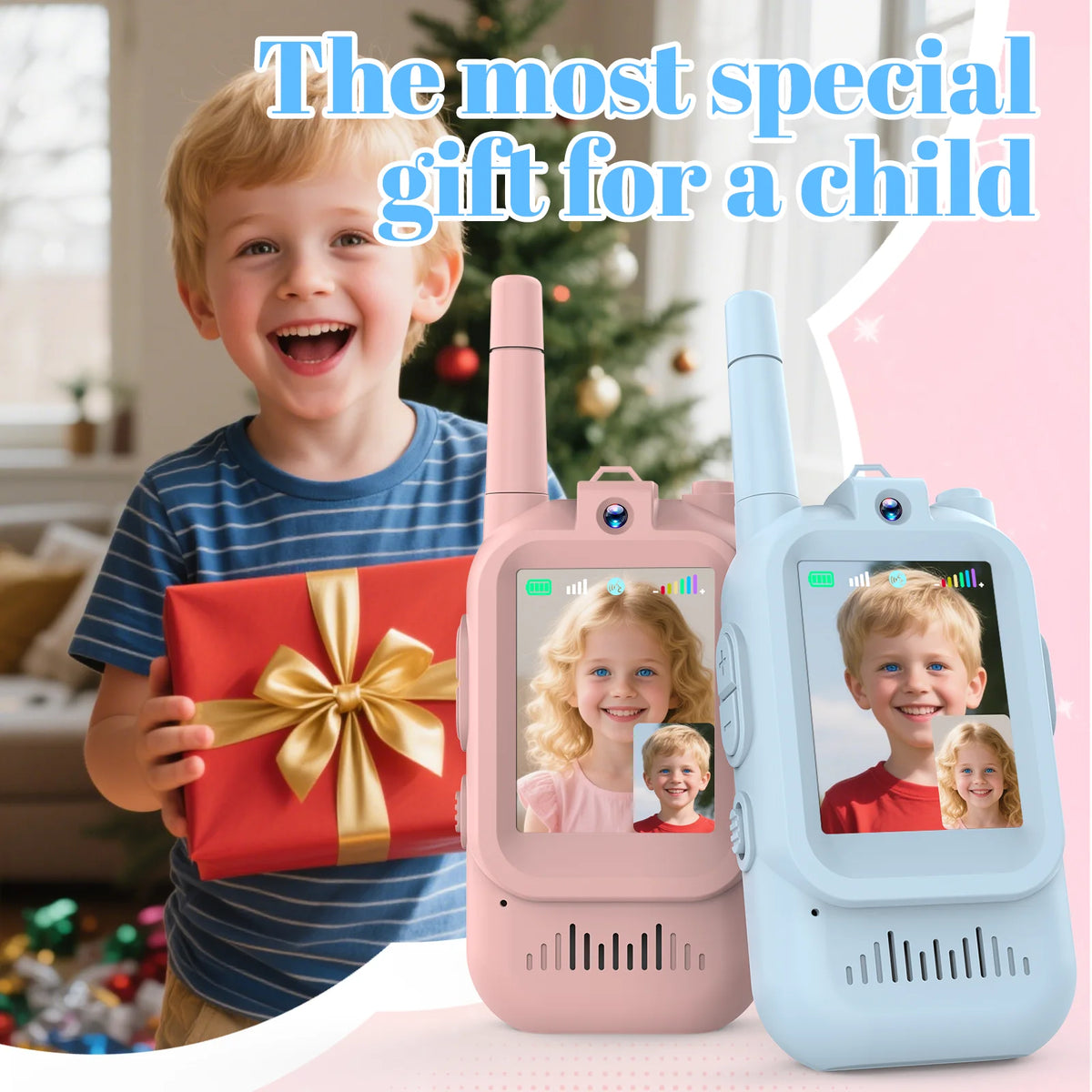 A pink and blue pair of kids video walkie talkies with HD cameras are shown next to a smiling child holding a red gift.