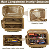 A tan heavy-duty tool bag showing various interior compartments including a visible zip pocket and a large zipper pocket in t