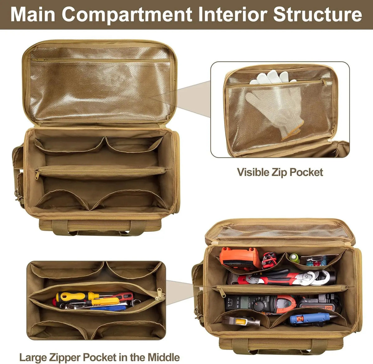 A tan heavy-duty tool bag showing various interior compartments including a visible zip pocket and a large zipper pocket in t