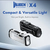 A black Wuben X4 compact flashlight with an illuminated lens is shown against a gray background.