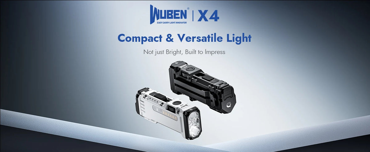 A black Wuben X4 compact flashlight with an illuminated lens is shown against a gray background.