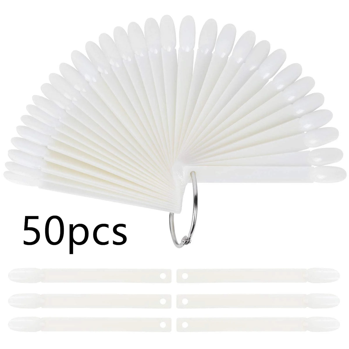 A fan-shaped set of 50 clear acrylic false nail tips for practice and display.