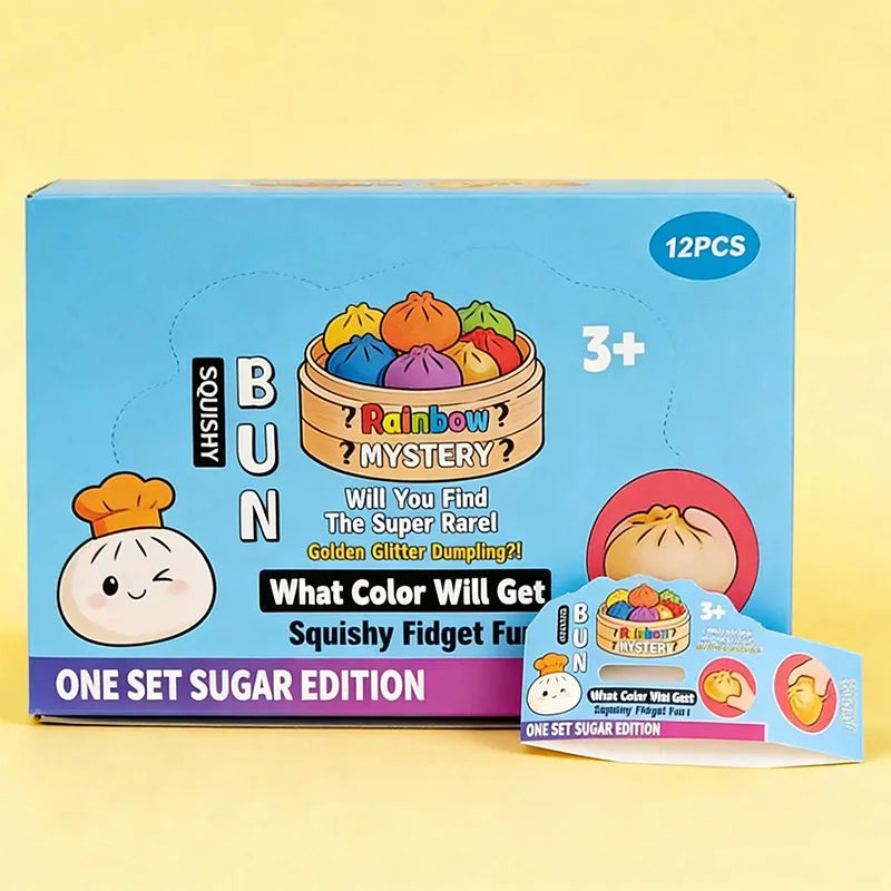 A box of 12 pieces of colorful squishy fidget toys in a basket with a rainbow theme