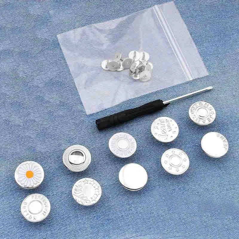 A silver instant no-sew snap button kit for loose jeans is displayed on a blue denim background.