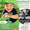 A child is shown using a crystal clear sound device featuring dinosaur heads to restore real voice without hurting hearing.