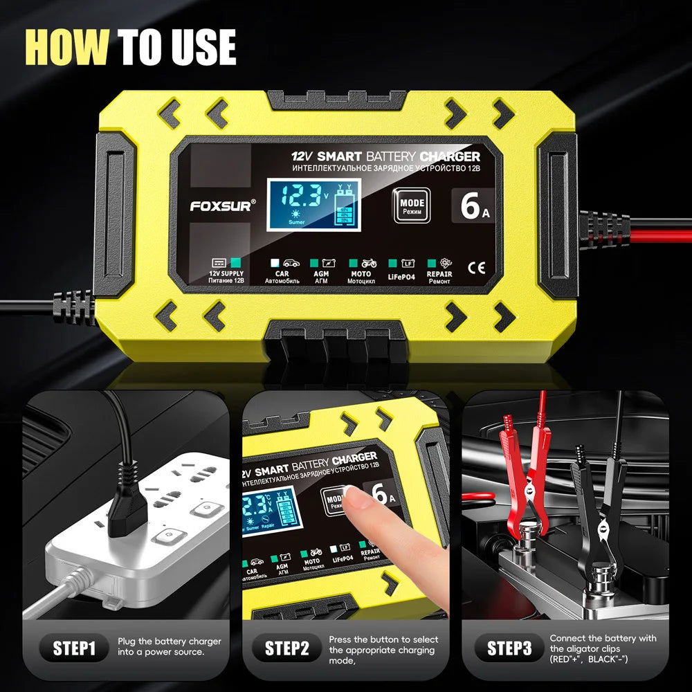 Cargador de batería inteligente Yellow Foxsur 12V con instrucciones de uso