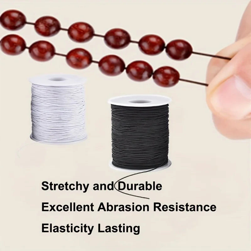 A hand is shown manipulating stretchy and durable elastic cords, including a beaded strand and coiled wire strands.