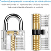 A transparent padlock with a double cylinder mechanism shown next to its disassembled components for locksmith training.