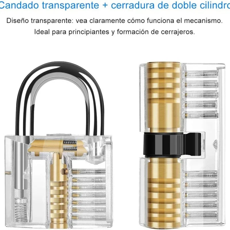 A transparent padlock with a double cylinder mechanism shown next to its disassembled components for locksmith training.
