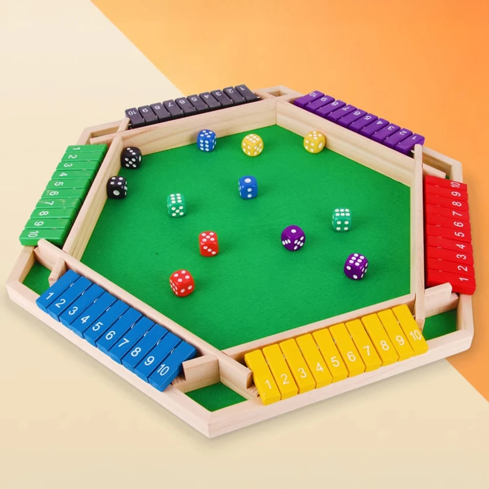 A wooden shut the box dice game with colored dice arranged in a hexagonal board.