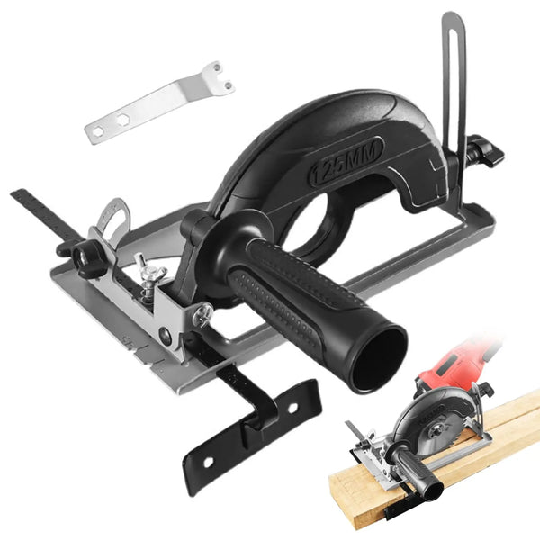 A black adjustable angle grinder cutting stand with a clamp and a wooden cutting board.