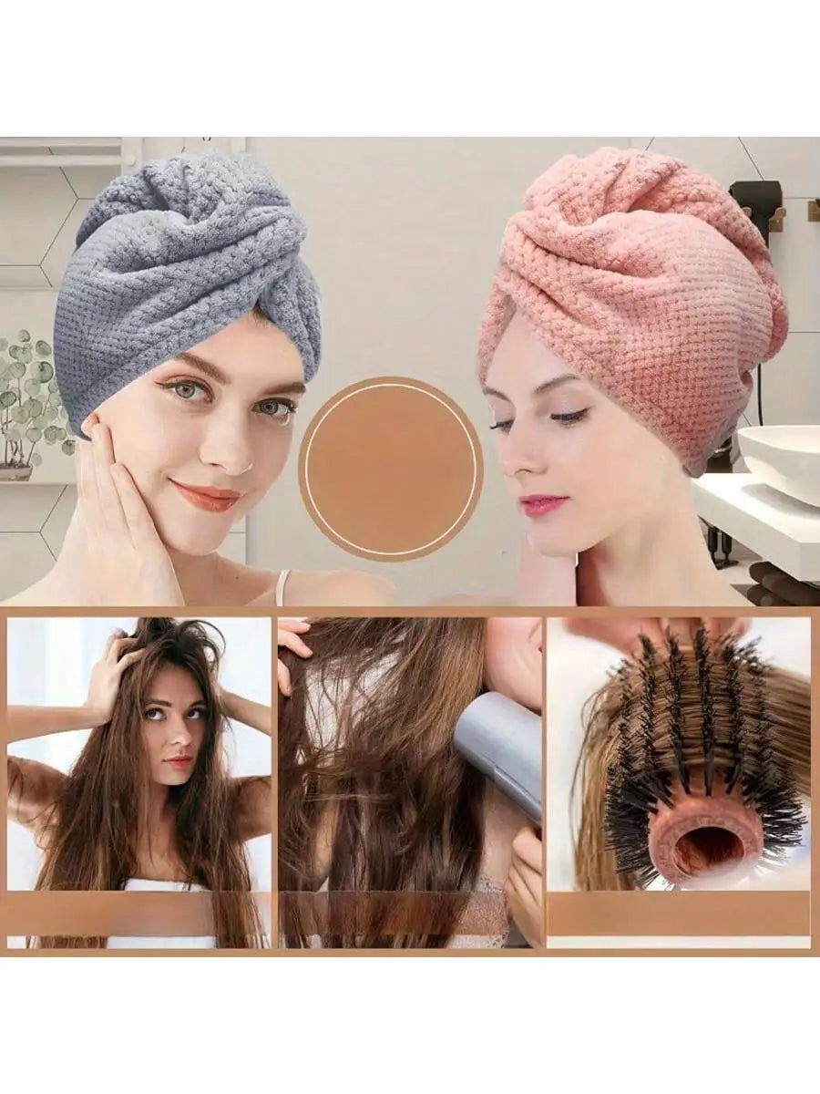 Close-up of a woman wearing a pink microfiber hair towel wrap, demonstrating its use for drying hair.