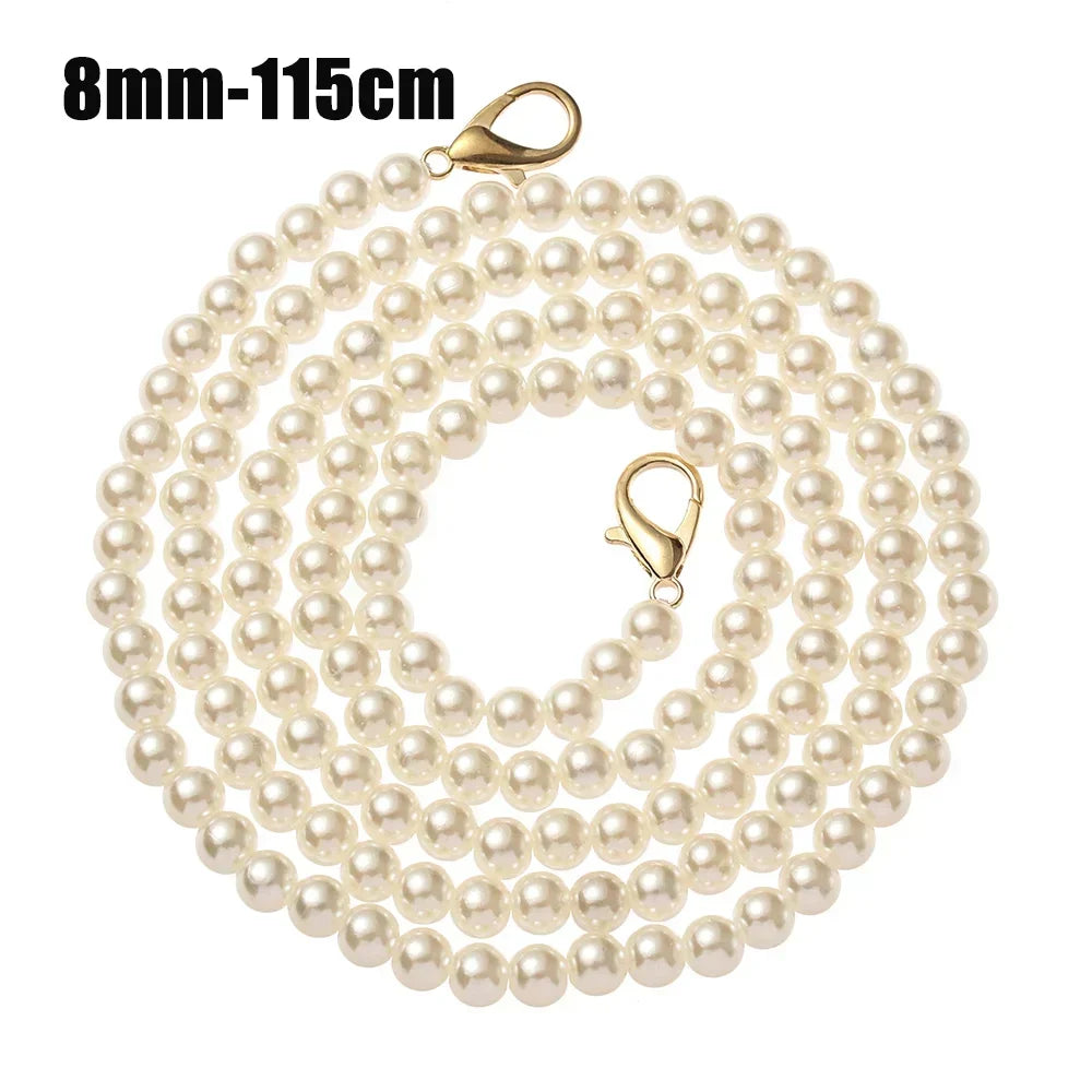 A strand of 8mm pearl beads on a gold-toned chain, suitable for handbags or DIY purses.