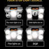 Four-stop light source demonstrating five different lighting modes including main light, side lights, five lights on, and POP