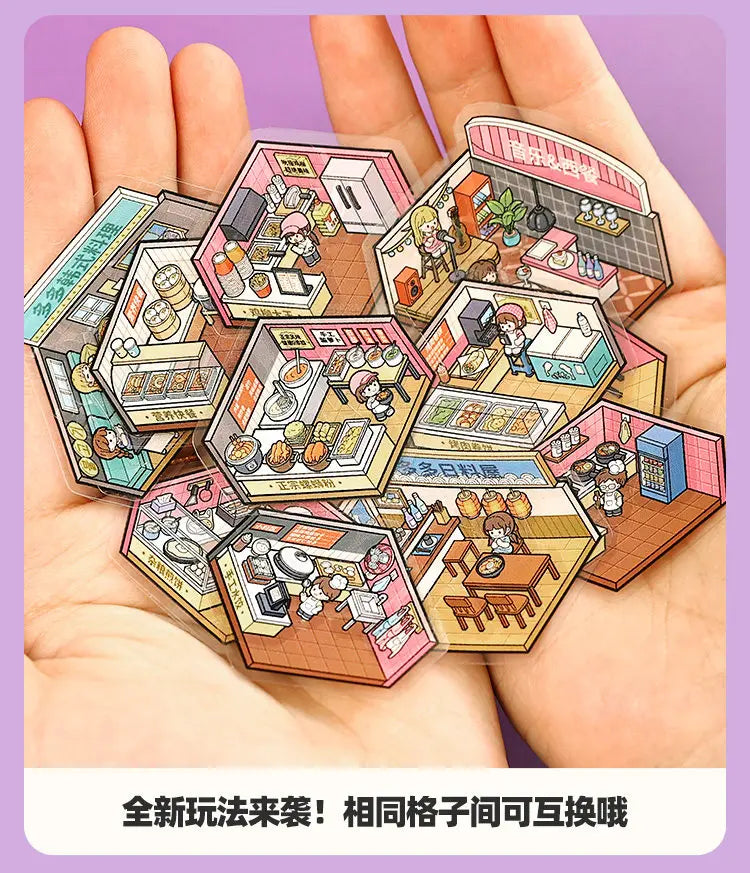 A hand holds a set of 7 interior design stickers and scrapbook elements for DIY crafting.