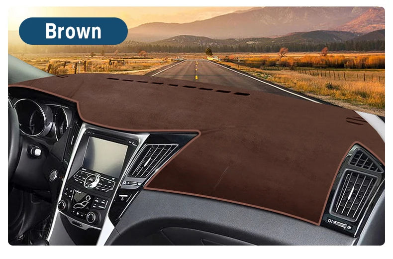 Brown custom fit dashboard sun shield for a Hyundai Sonata YF i45 vehicle interior.