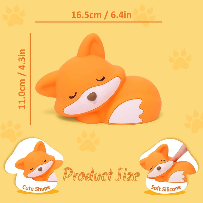 An orange squishy fox shaped item shown in various angles and with size measurements.
