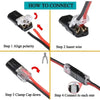 Diagram showing four steps to connect a 2-pin locking wire connector for LED and low-voltage applications