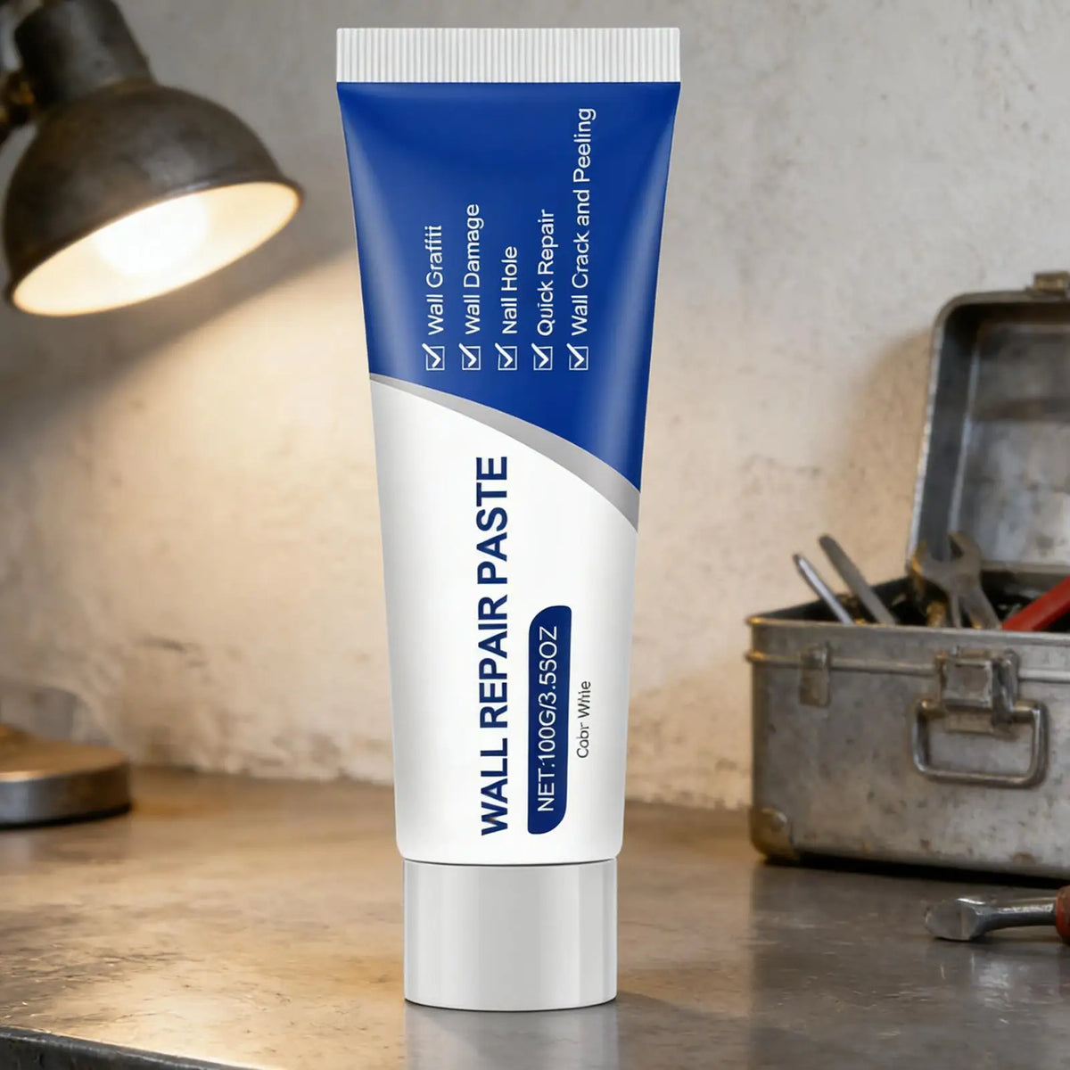 A tube of Wall Repair Paste for drywall repair is shown on a wooden surface.