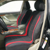 A black car seat cover set with red stitching and accents shown inside a vehicle cabin.