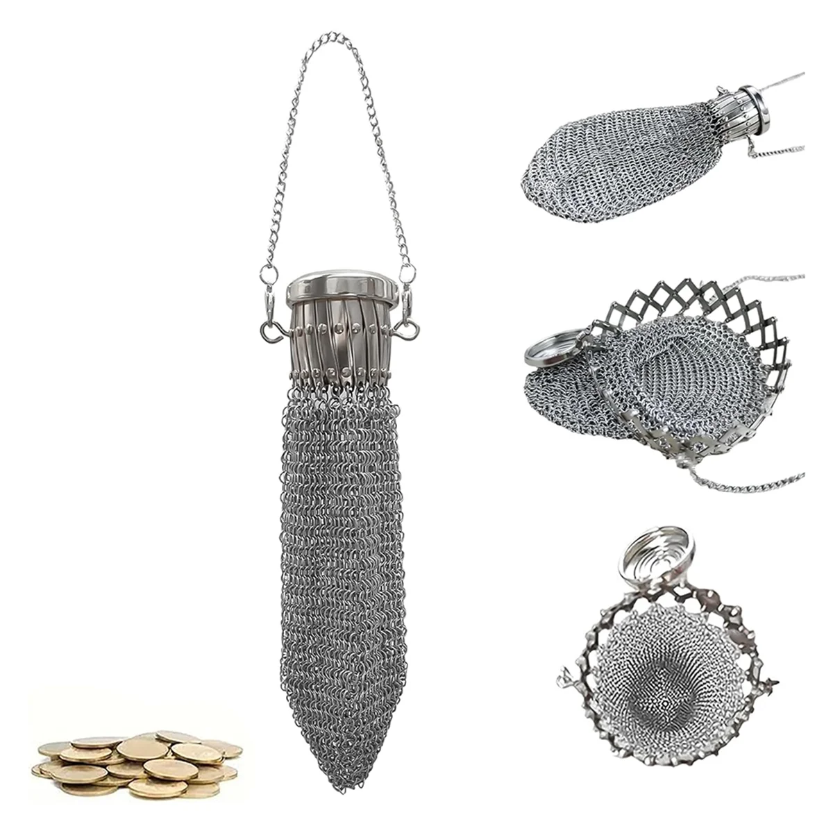 Handcrafted stainless steel coin purse with a long chain and decorative mesh design