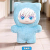 A light blue plush doll resembling a cat with white hair and purple accents, displayed on a light wooden floor.