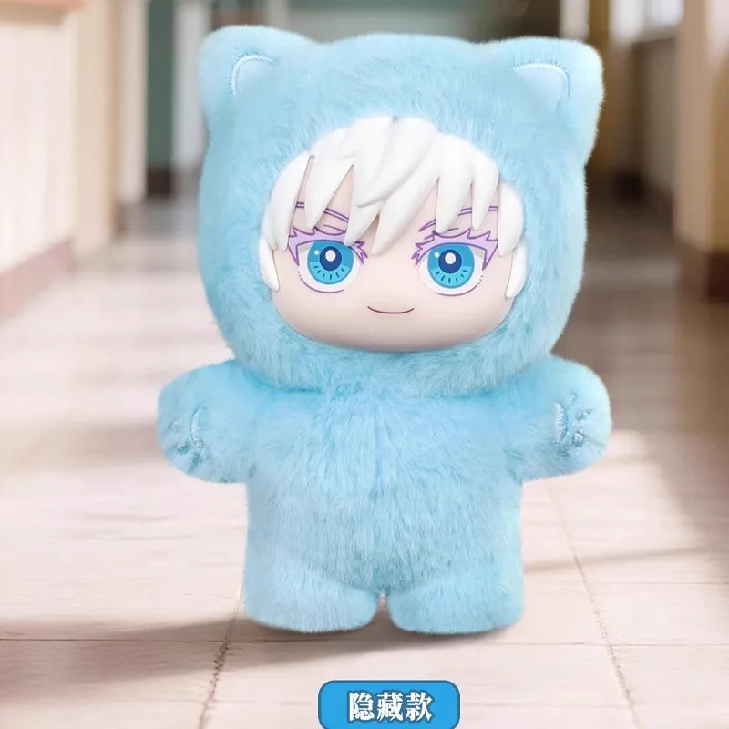 A light blue plush doll resembling a cat with white hair and purple accents, displayed on a light wooden floor.