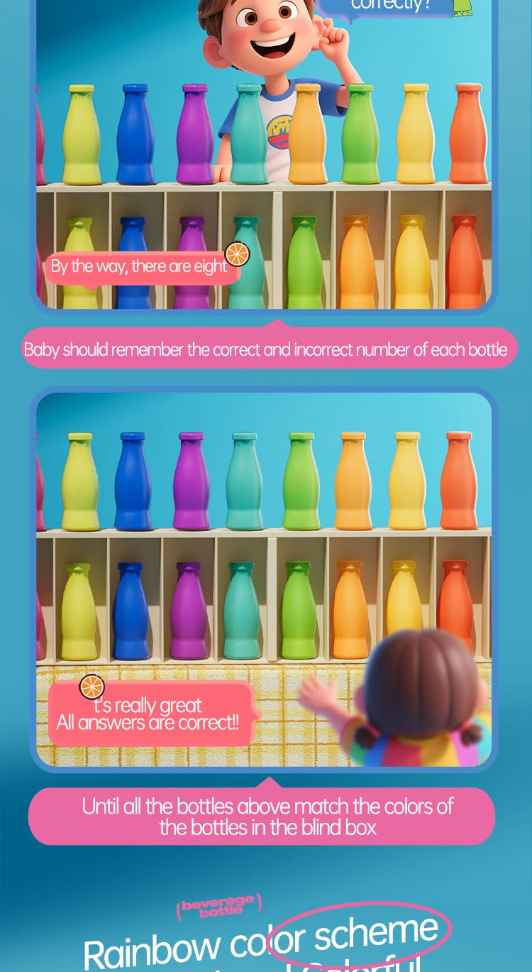 A children's color matching game showing bottles of various colors arranged in rows.