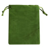 A dark olive green velvet drawstring pouch with green fabric ties.