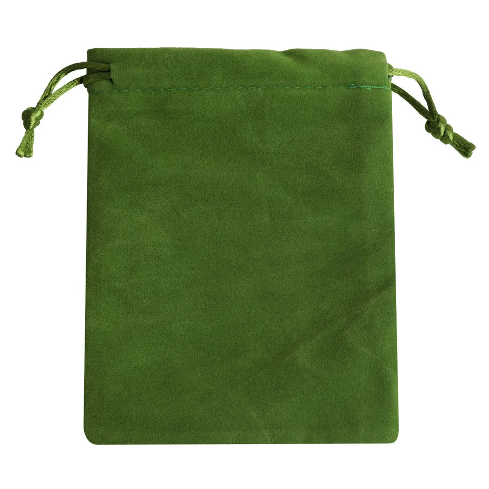 A dark olive green velvet drawstring pouch with green fabric ties.