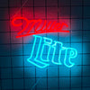 A neon sign spelling 'Miller Lite' in red and blue lights is displayed against a dark grid background.