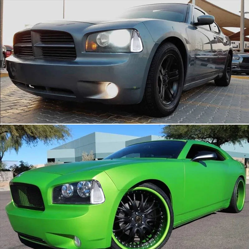A side view of a dark gray Dodge Charger showing the front marker light housings.