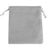A soft gray velvet drawstring jewelry pouch with light-colored cord ties.