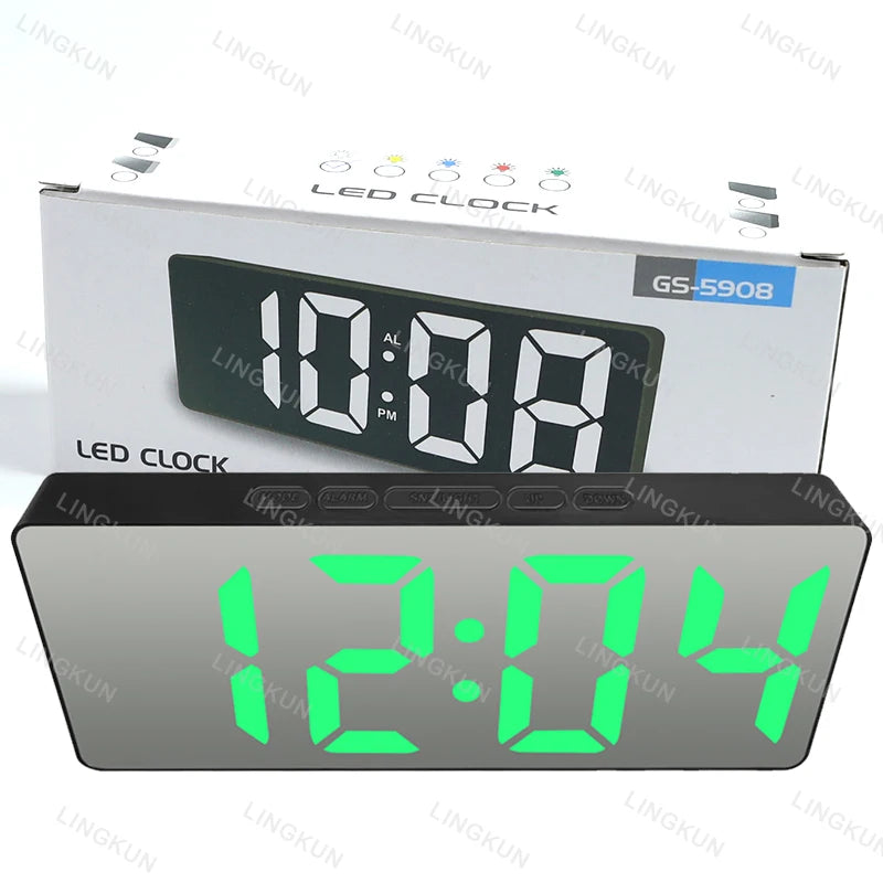 A rectangular LED clock display showing 10:08, packaged in a white box.
