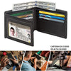 A black slim tri-fold wallet with an ID window showing a Mexican national identity card and several credit cards.