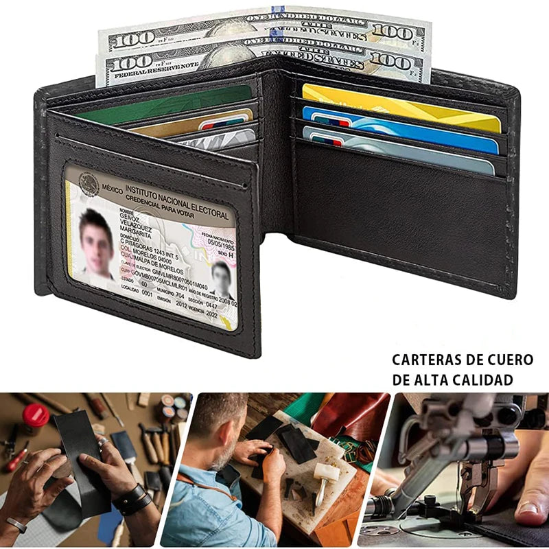 A black slim tri-fold wallet with an ID window showing a Mexican national identity card and several credit cards.