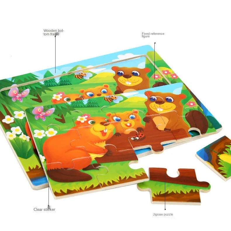 A wooden animal jigsaw puzzle set featuring various woodland creatures like bears and other animals.