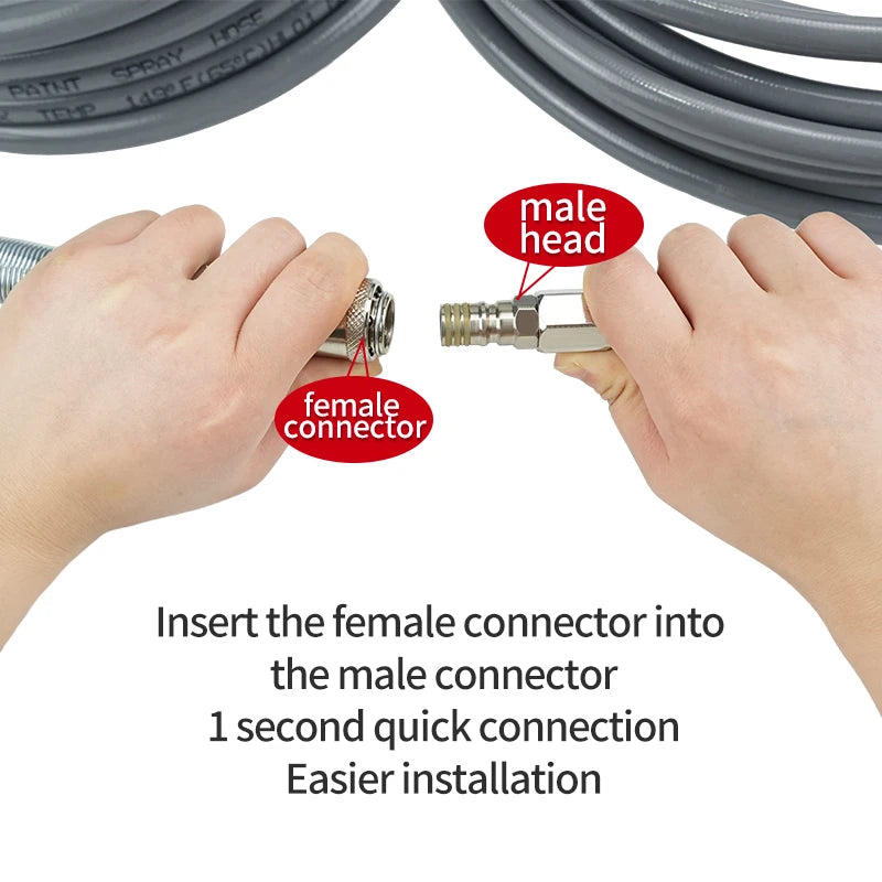 Hands demonstrate inserting a female connector into a male connector for quick installation of an airless spray hose.