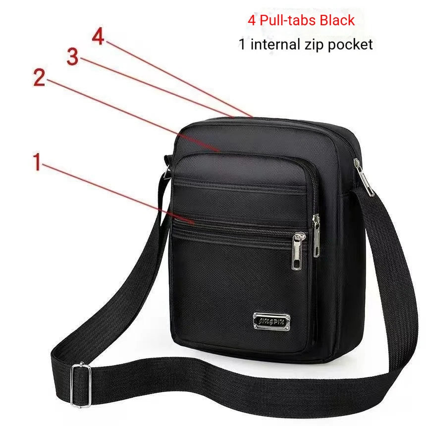 Black pull-tabs crossbody chest bag with an internal zip pocket and adjustable strap.