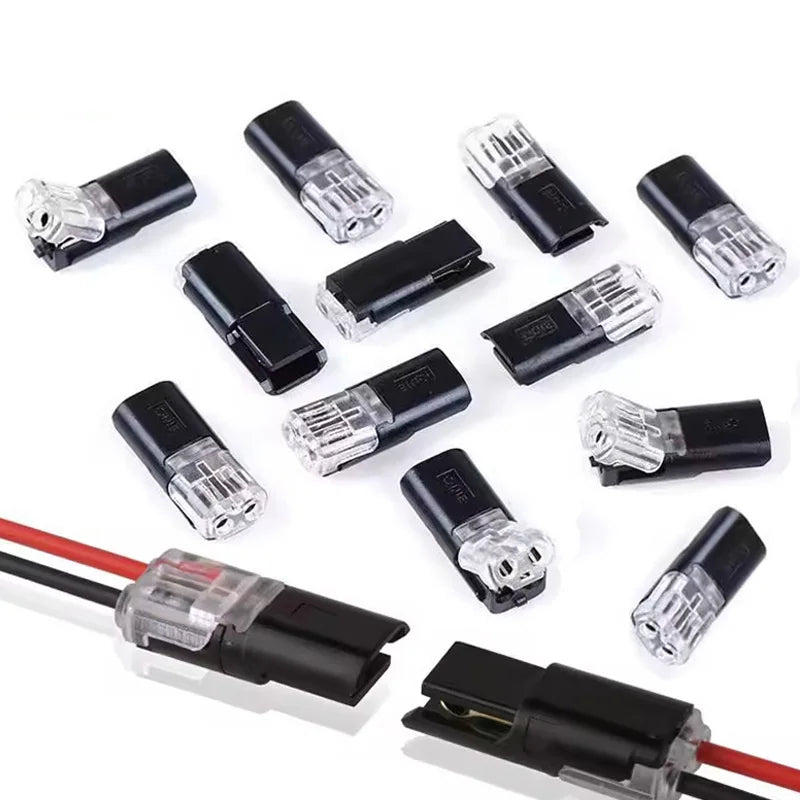 A collection of black and clear D2 double-line interlocking LED connectors for quick connection.