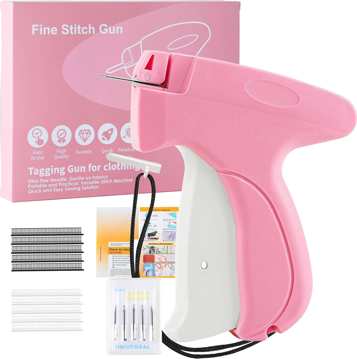 Pink fine stitch gun for clothing repairs with various needle sizes and a packaging box.