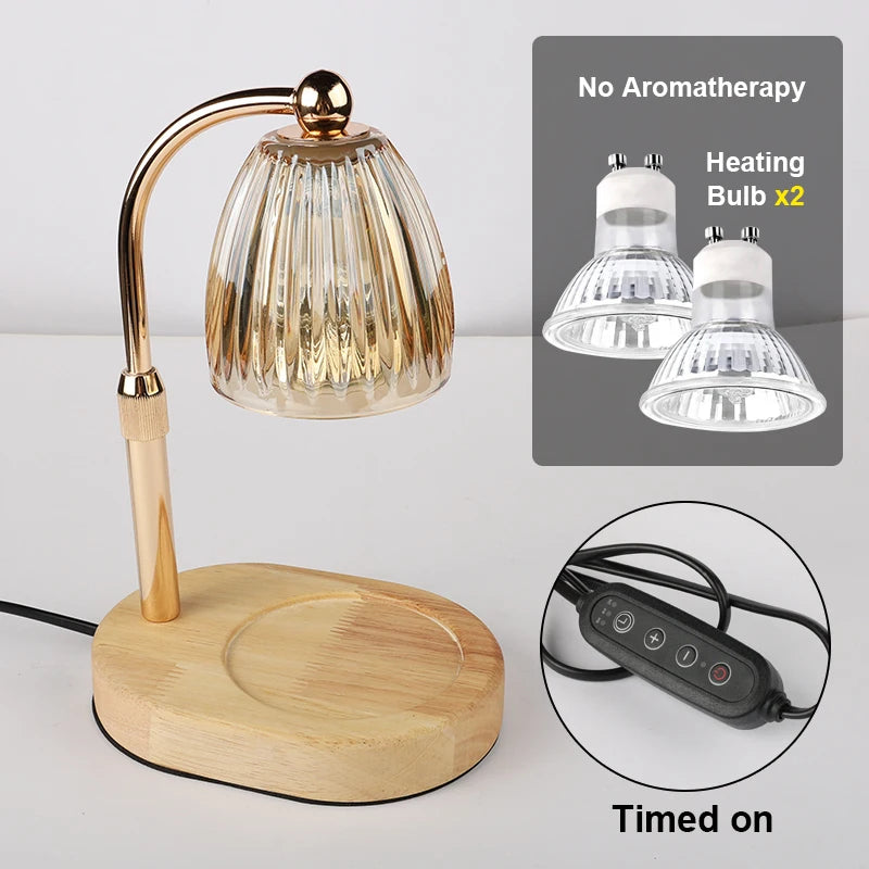 A wooden candle warmer lamp with a brass stand and glass shade, showing heating bulbs and a timer switch.