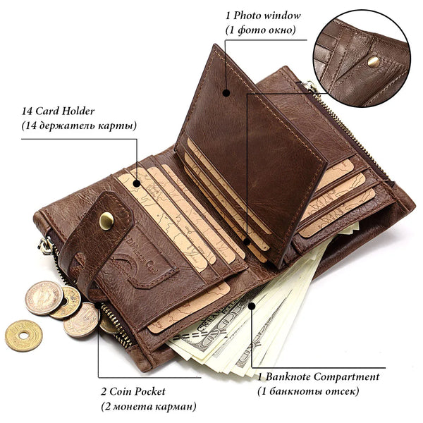 A brown vintage leather wallet with multiple compartments including a photo window, card holders, and a banknote compartment.