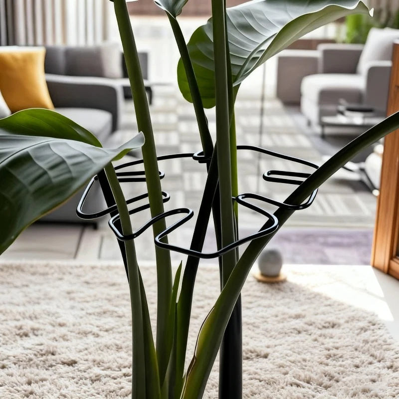 A close-up of a sturdy black metal support frame for a monstera plant, showing the vertical stems and leaves.