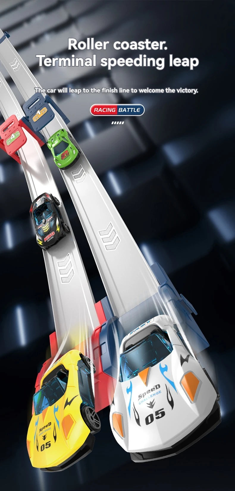 A roller coaster track set featuring racing battle cars on a dark background.