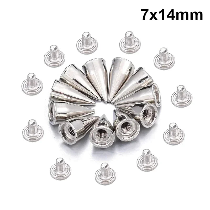 A collection of silver metal spike studs and flat discs for DIY clothing and accessories.