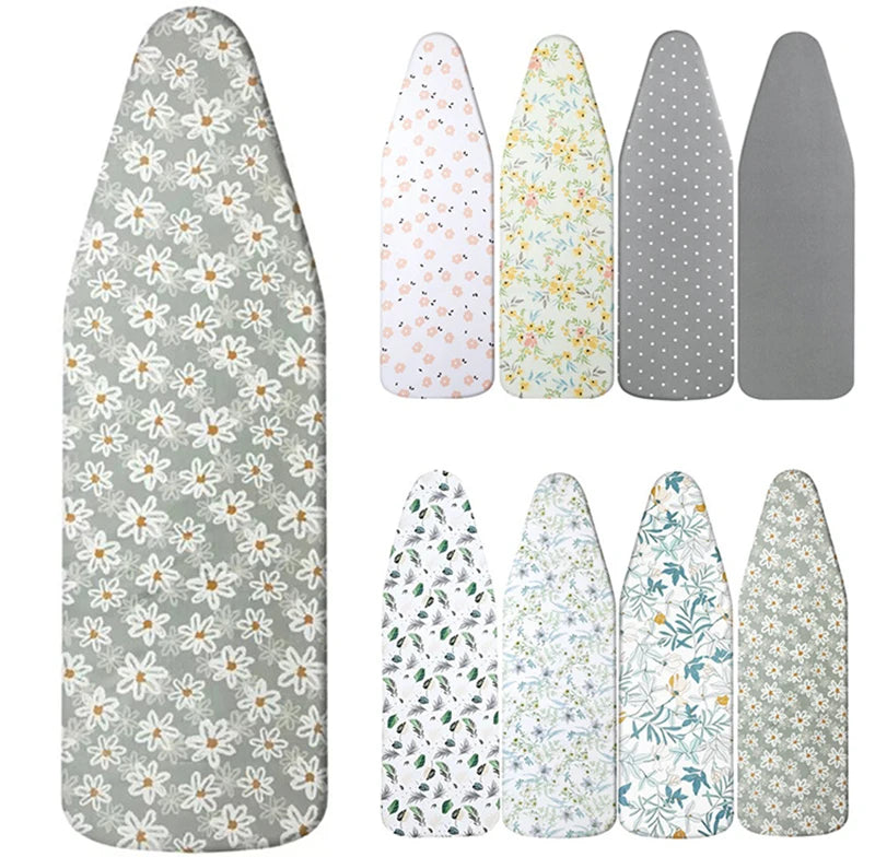 A set of five heavy duty ironing board covers featuring various floral and polka dot patterns in shades of green, white, and 